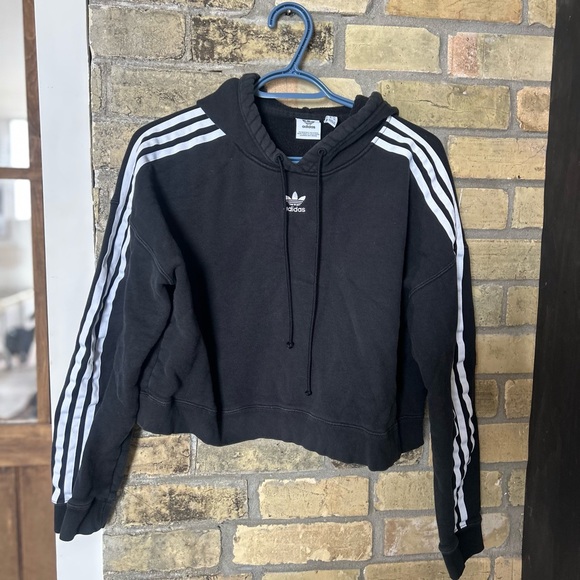 adidas Sweaters - adidas Cropped Black Hooded Sweatshirt with White Logo